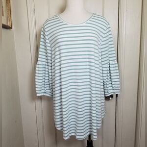 CES FEMME 1X green white stripe 3/4 puff sleeve round neck blouse